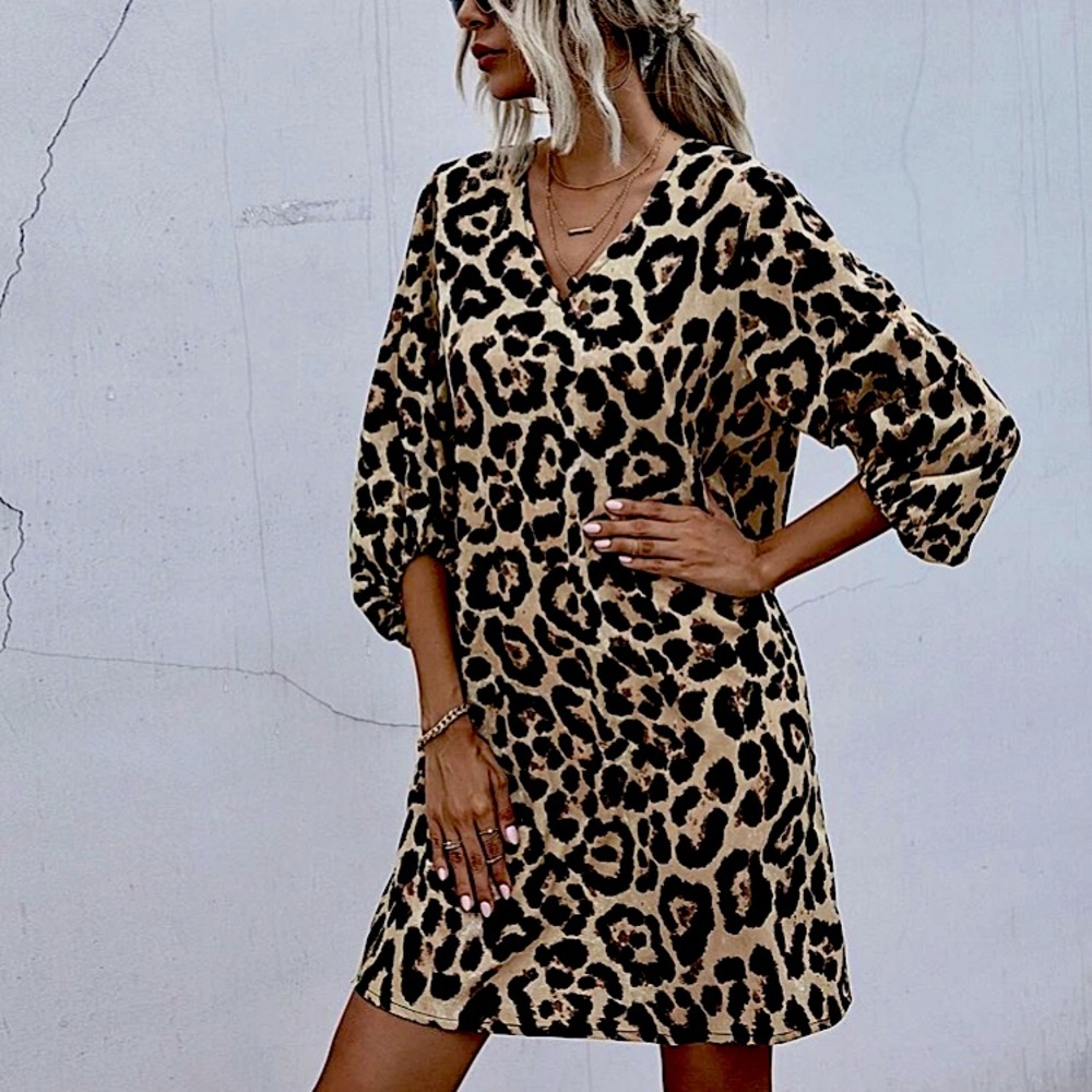 Leopard Print Lantern Sleeve Tunic Dress